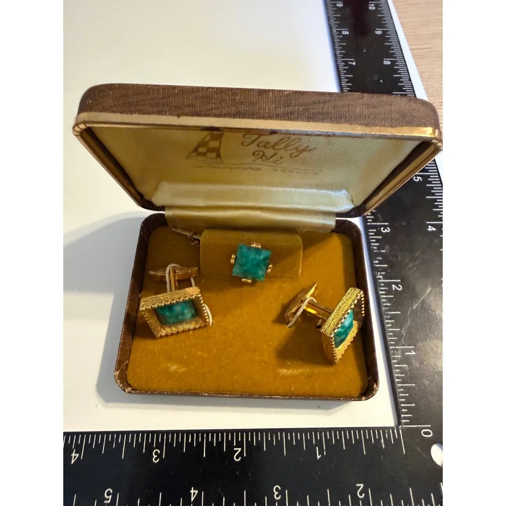Vintage Tally Hi Cufflink and Tie Tack Set Green Marbled Gold Tone‎ Square Boxed
